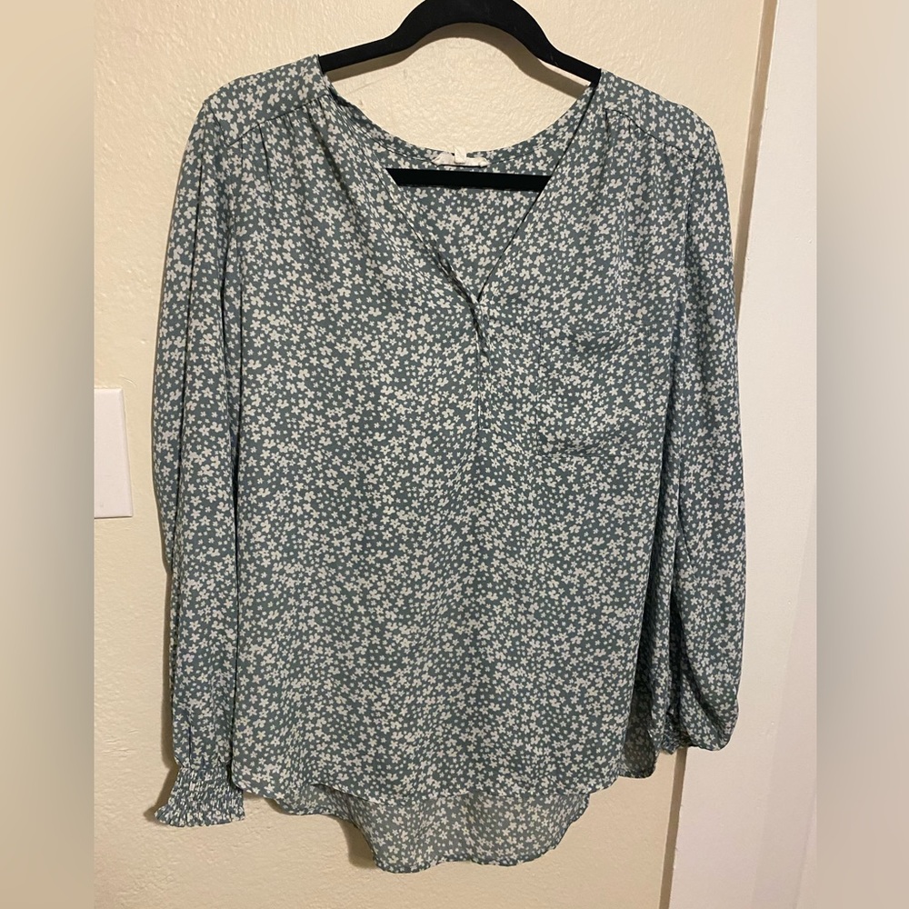 Teal Long Sleeve Floral Blouse